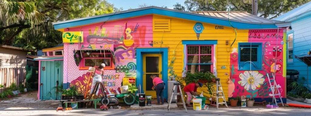 a vibrant urban scene showcasing a professional painting crew skillfully transforming a charming sarasota home’s exterior, with vivid colors and tools in clear focus, contrasting the meticulously prepared surfaces indicating the complexity of the project.