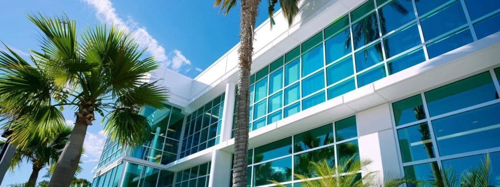 a professional commercial painter meticulously applies a vibrant coat of paint to the sleek exterior of a modern office building in sarasota, fl, highlighting the precision and expertise required for high-end commercial projects.