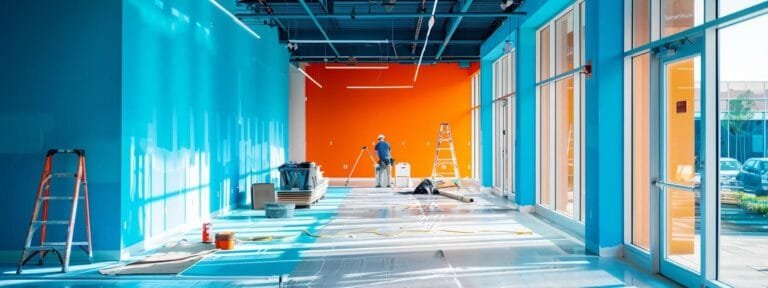 a vibrant office space in sarasota, fl, showcasing a team of professional painters expertly applying a fresh coat of paint to a large commercial wall, immersed in a dynamic atmosphere of creativity and collaboration.