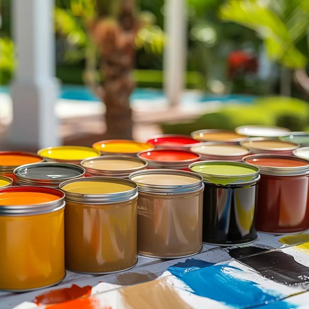 A selection of exterior paint cans, chosen for their suitability for Florida's climate, displayed outdoors