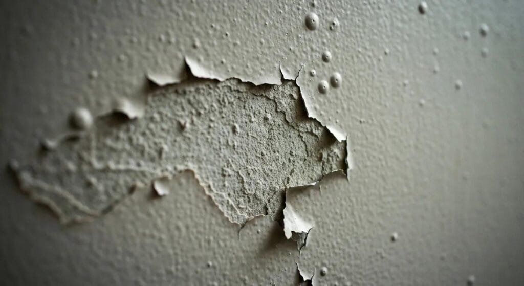 Close-up of paint blisters and peeling caused by moisture intrusion on a wall in a humid Florida environment, highlighting the damage.