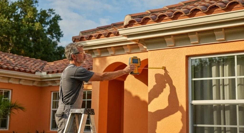 A painter meticulously measuring a Florida's house exterior with modern laser measuring equipment, symbolizing the detailed cost estimations involved in house painting.