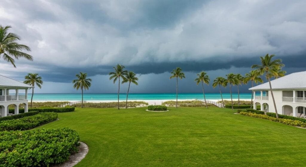 A beautiful, all white, Siesta Key, Fl. beachfront property, with a looming summer thunderstorm in the sky
