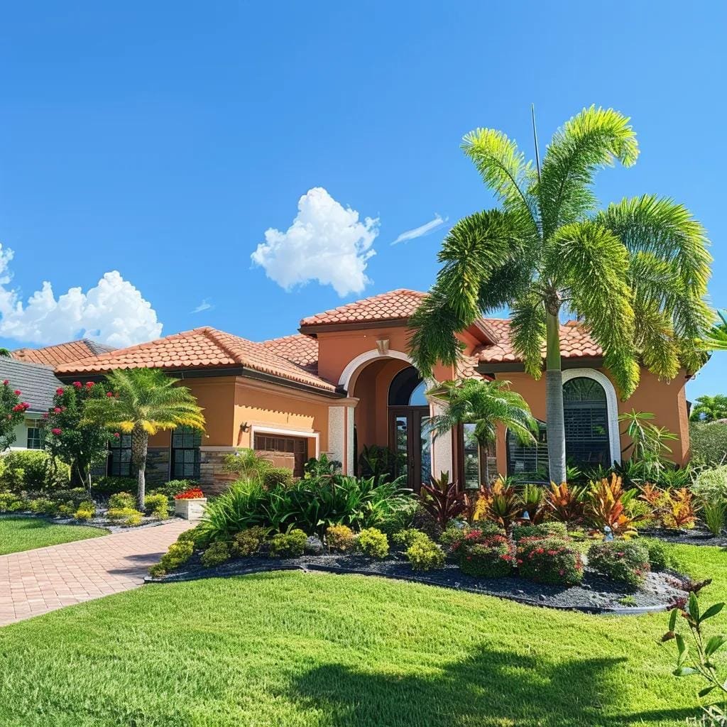 Freshly painted Sarasota home exterior enhancing curb appeal with vibrant colors and beautiful landscaping