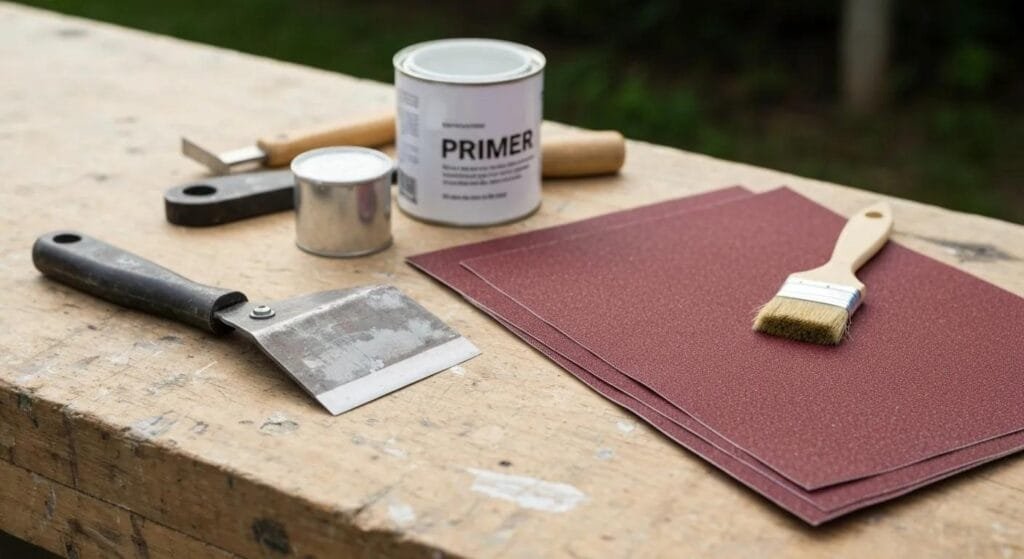 Essential painting tools and materials for peeling paint repair, including a scraper, sandpaper, and primer, neatly arranged on a workbench.