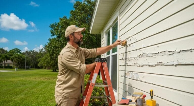 Sarasota homeowner meticulously inspecting peeling paint, with professional repair tools ready, against a vibrant Florida landscape.