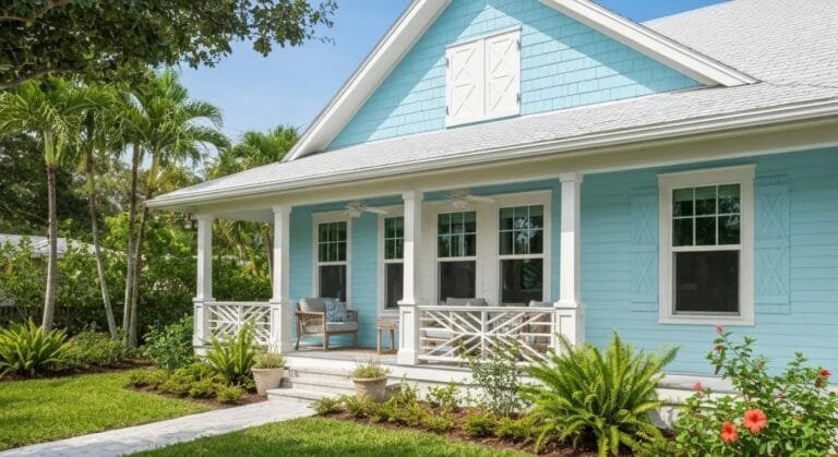 Sarasota bungalow exterior, freshly painted with modern coastal color pallet  and surrounded by lush landscaping