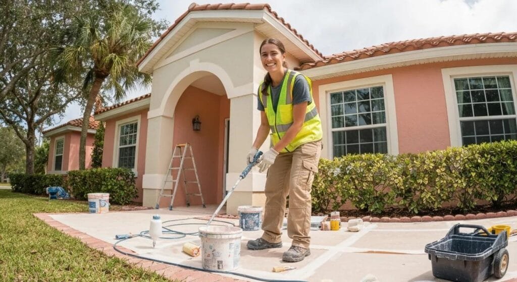 Young attractive female professional painter meticulously preparing a florida's home's exterior for painting, surrounded by essential tools and equipment